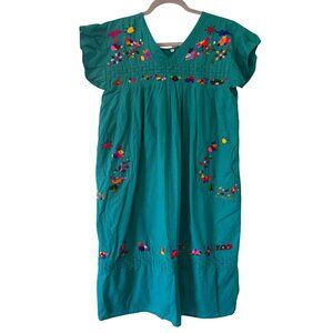 Handmade Teal Mexican Embroidered Dress Floral  Animal Details Short Sleeves